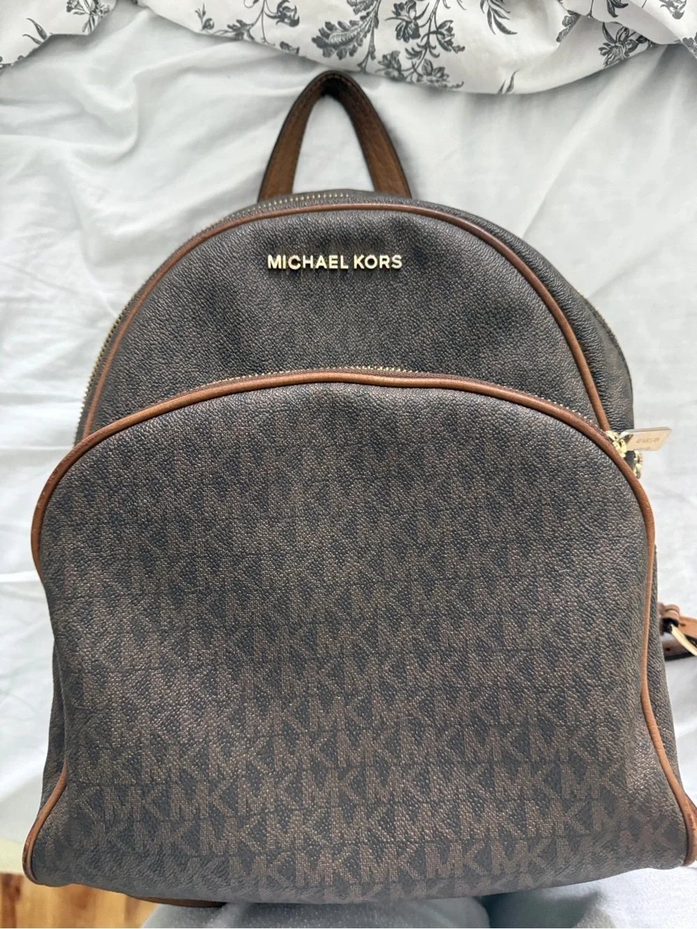 Michael Kors Brown MK Logo Dome Backpack with Tan Trim.